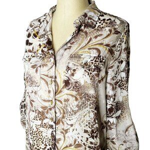 Dressbarn Top Womens Size M Ivory Brown Gold Sparkly Floral Animal Print